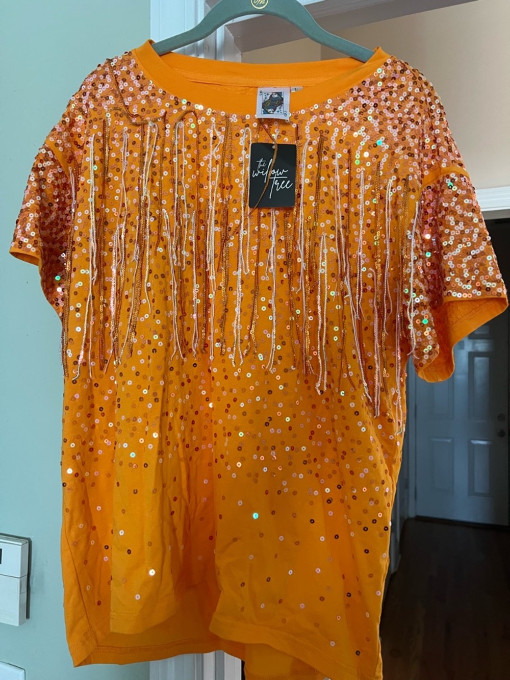 Queen of Sparkles Orange Sequin Fringe Top